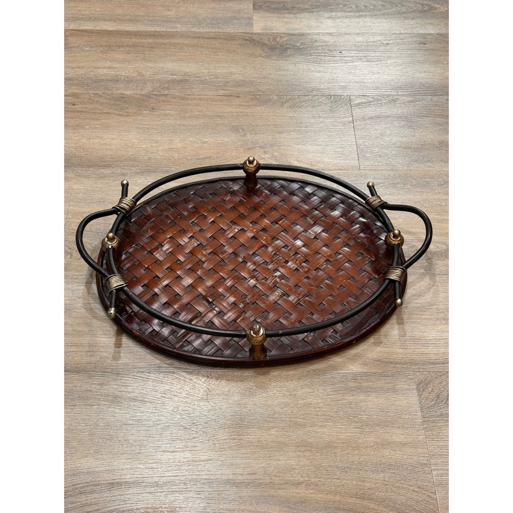 Vintage Style Woven Wood Oval Serving Tray Metal Gallery Rail Handles Brown 19in